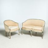 A 19TH CENTURY FRENCH PAINTED WOOD SETTEE AND BERGERE CHAIR