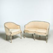 A 19TH CENTURY FRENCH PAINTED WOOD SETTEE AND BERGERE CHAIR