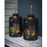 A PAIR OF CHINEOISERIE DECORATED PAINTED METAL LAMP BASES