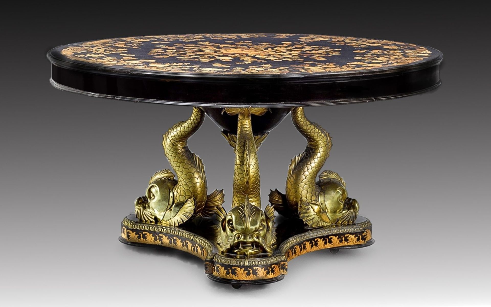 THE ROTHSCHILD MENTMORE EBONY, MARQUETRY AND ORMOLU CENTRE TABLE