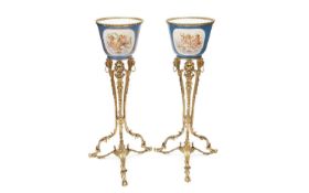 A PAIR OF EARLY 20TH CENTURY SEVRES STYLE PORCELAIN JARDINIERES ON STANDS