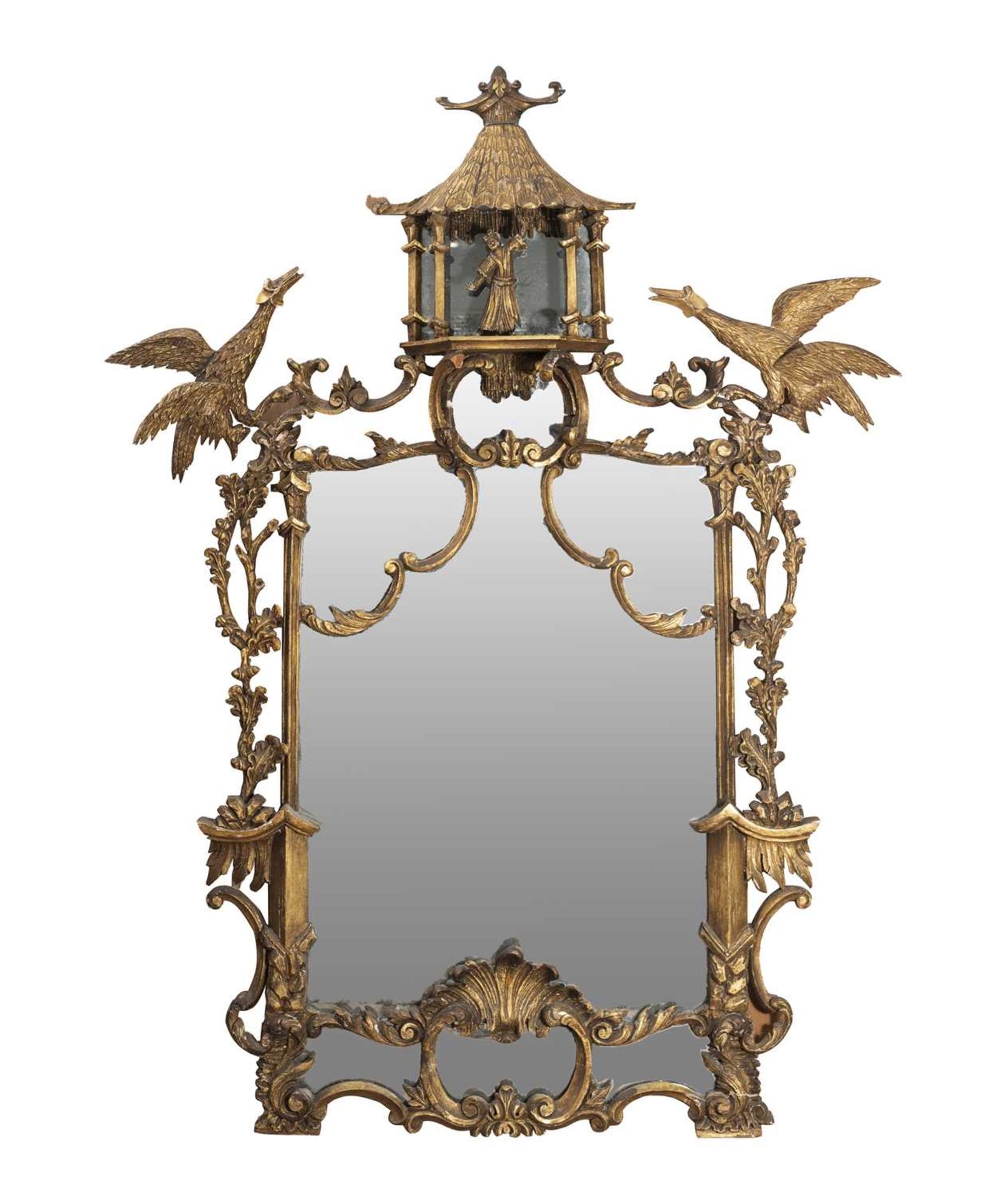 A 19TH / EARLY 20TH CENTURY CHINOISERIE CHIPPENDALE STYLE GILTWOOD WALL MIRROR