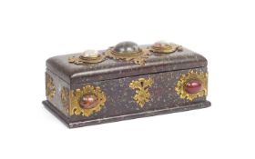 A 19TH CENTURY SERPENTINE MARBLE, ORMOLU AND HARD STONE INLAID CASKET