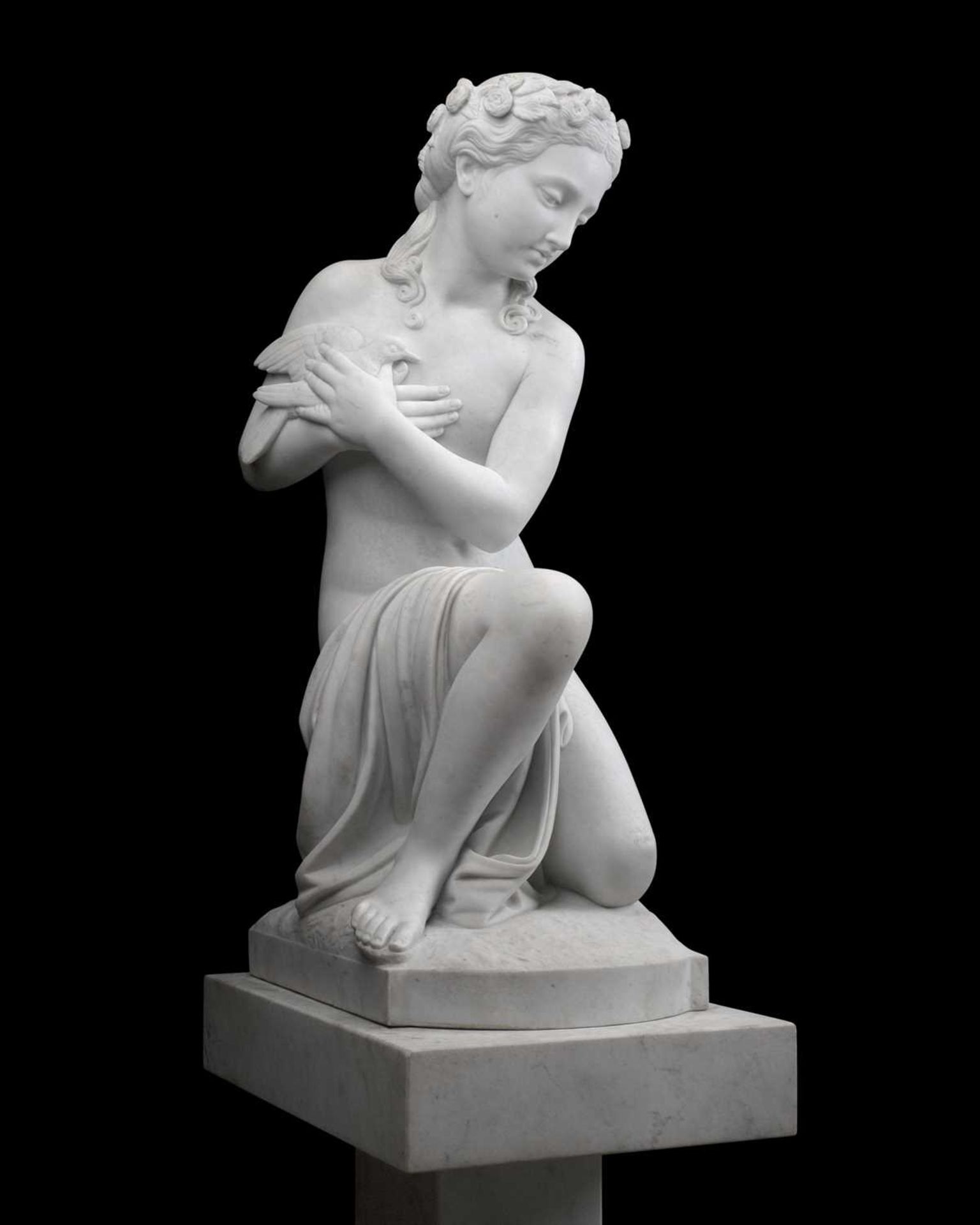 A LARGE LATE 19TH CENTURY ITALIAN MARBLE FIGURE OF A GIRL HOLDING A BIRD BY ROMANELLI - Image 8 of 9