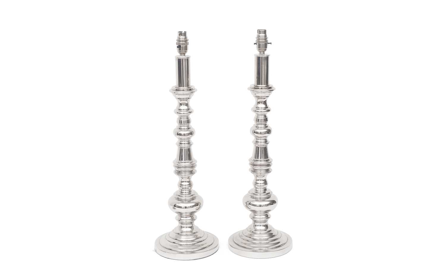 A PAIR OF NICKEL PLATED BALUSTER LAMP BASES