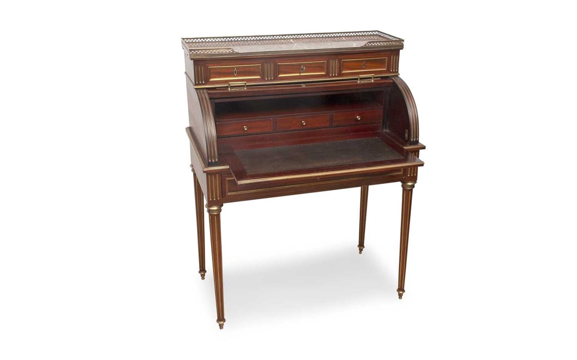 AN EARLY 20TH CENTURY FRENCH MAHOGANY AND VERNIS MARTIN CYLINDER BUREAU - Image 3 of 3