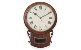 A 19TH CENTURY MAHOGANY FUSEE DROP DIAL WALL CLOCK