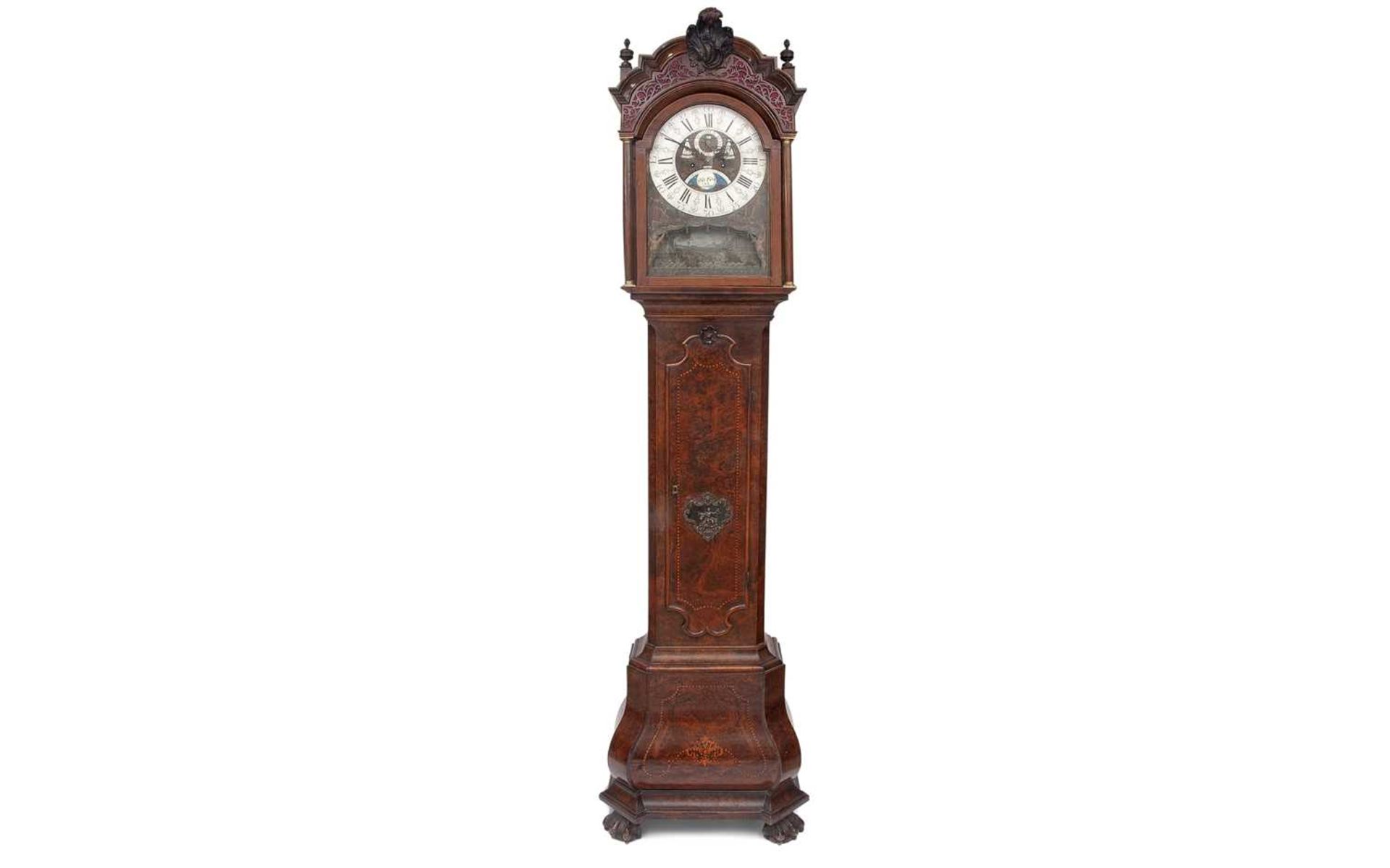 A RARE MID 18TH CENTURY DUTCH LONGCASE CLOCK WITH AUTOMATON AND CALENDAR