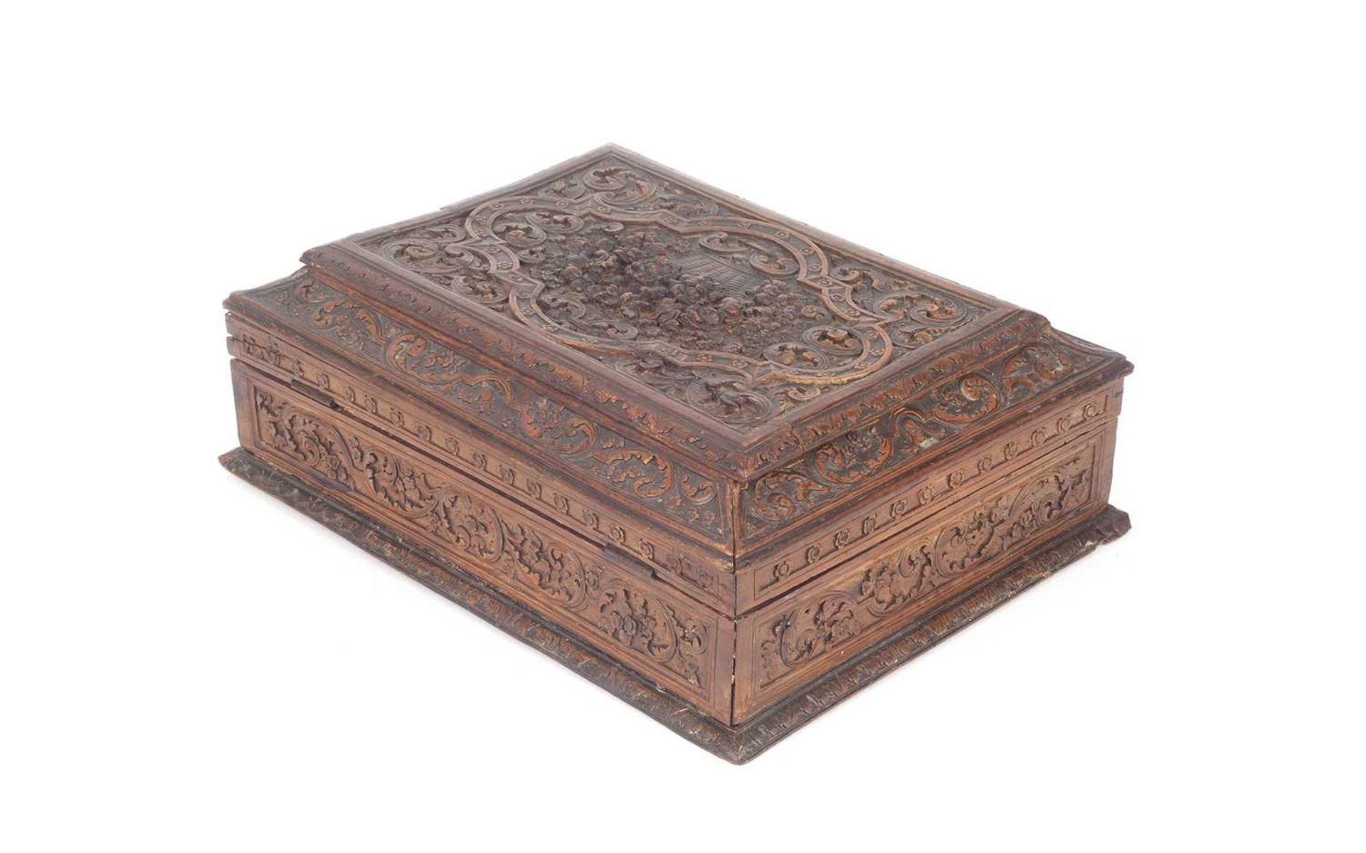 A 17TH / 18TH CENTURY CARVED FRUITWOOD BOX IN THE MANNER OF CESAR BAGARD OF NANCY, CIRCA 1700