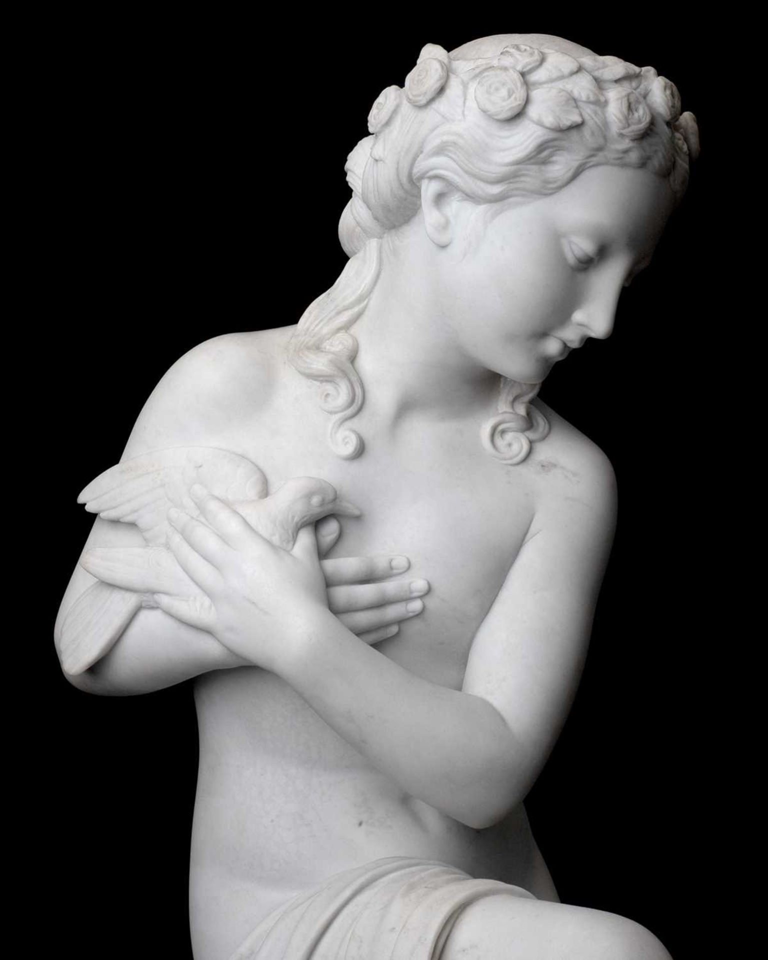 A LARGE LATE 19TH CENTURY ITALIAN MARBLE FIGURE OF A GIRL HOLDING A BIRD BY ROMANELLI - Image 6 of 9