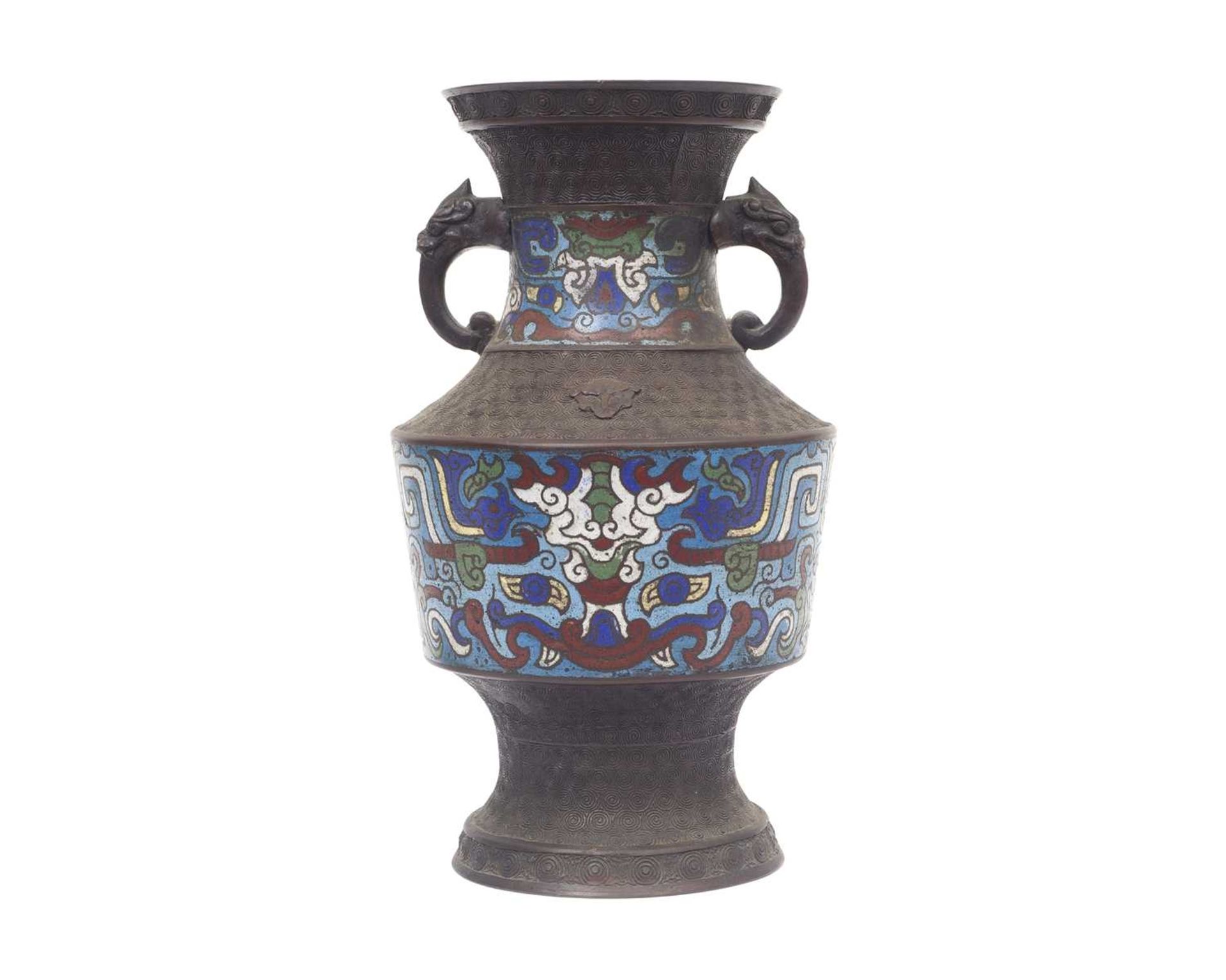 A CHINESE ARCHAIC STYLE BRONZE AND CLOISONNE ENAMEL VASE - Image 2 of 4