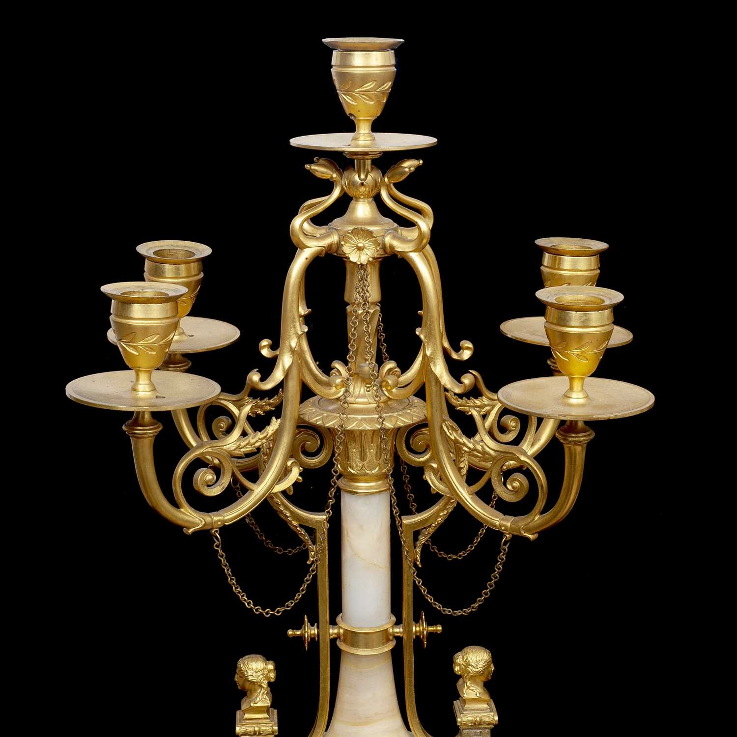 A FINE PAIR OF LATE 19TH CENTURY FRENCH GILT BRONZE AND ALGERIAN ONYX CANDELABRA - Image 3 of 4