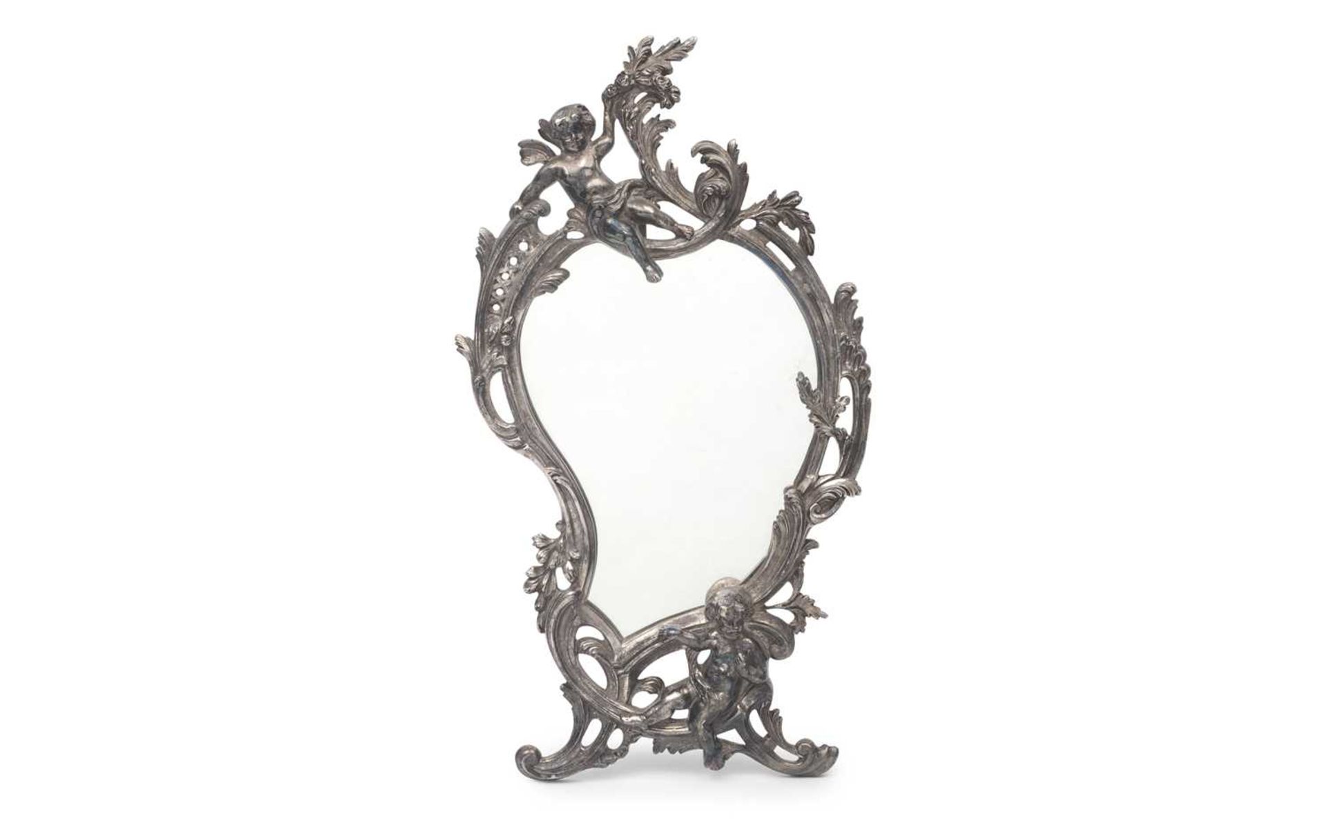 A LATE 19TH CENTURY ROCOCO STYLE SILVER PLATED TABLE MIRROR