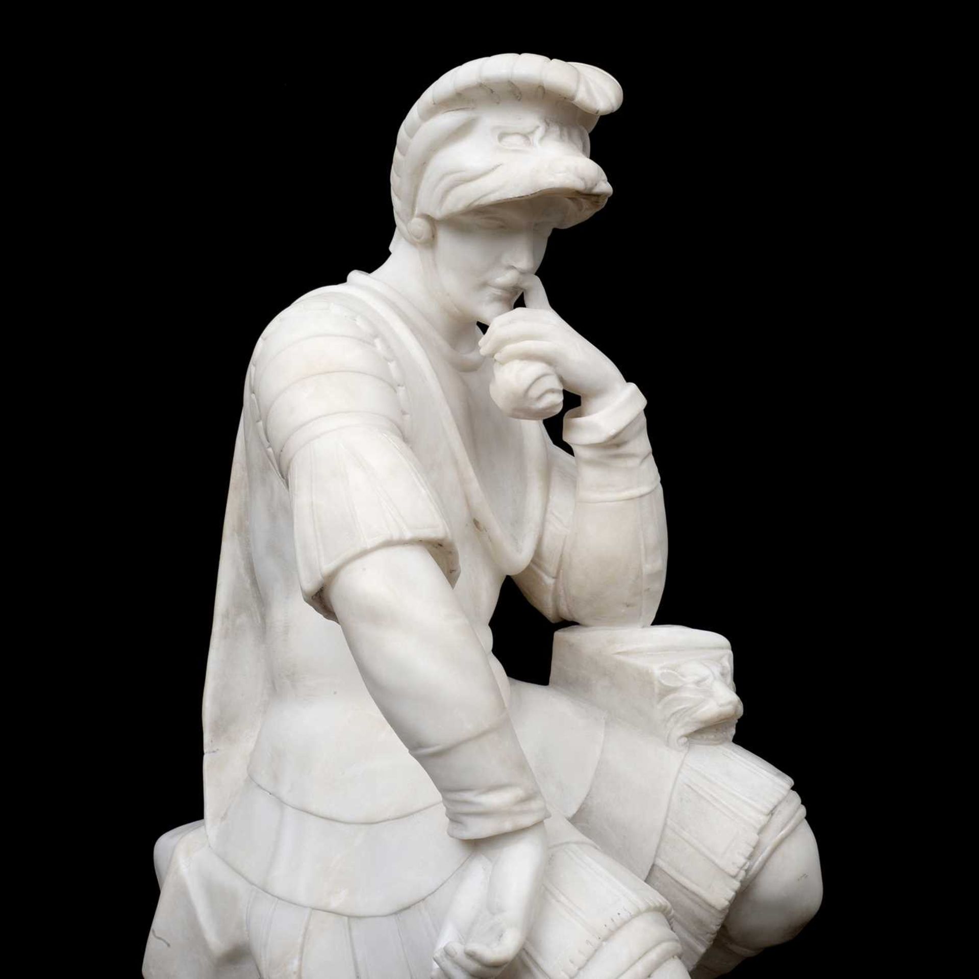 AFTER MICHELANGELO: A 19TH CENTURY ALABASTER FIGURE OF LORENZO DUKE OF URBINO - Image 4 of 4