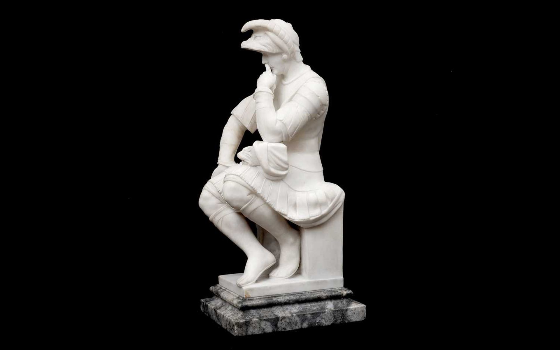 AFTER MICHELANGELO: A 19TH CENTURY ALABASTER FIGURE OF LORENZO DUKE OF URBINO - Image 2 of 4