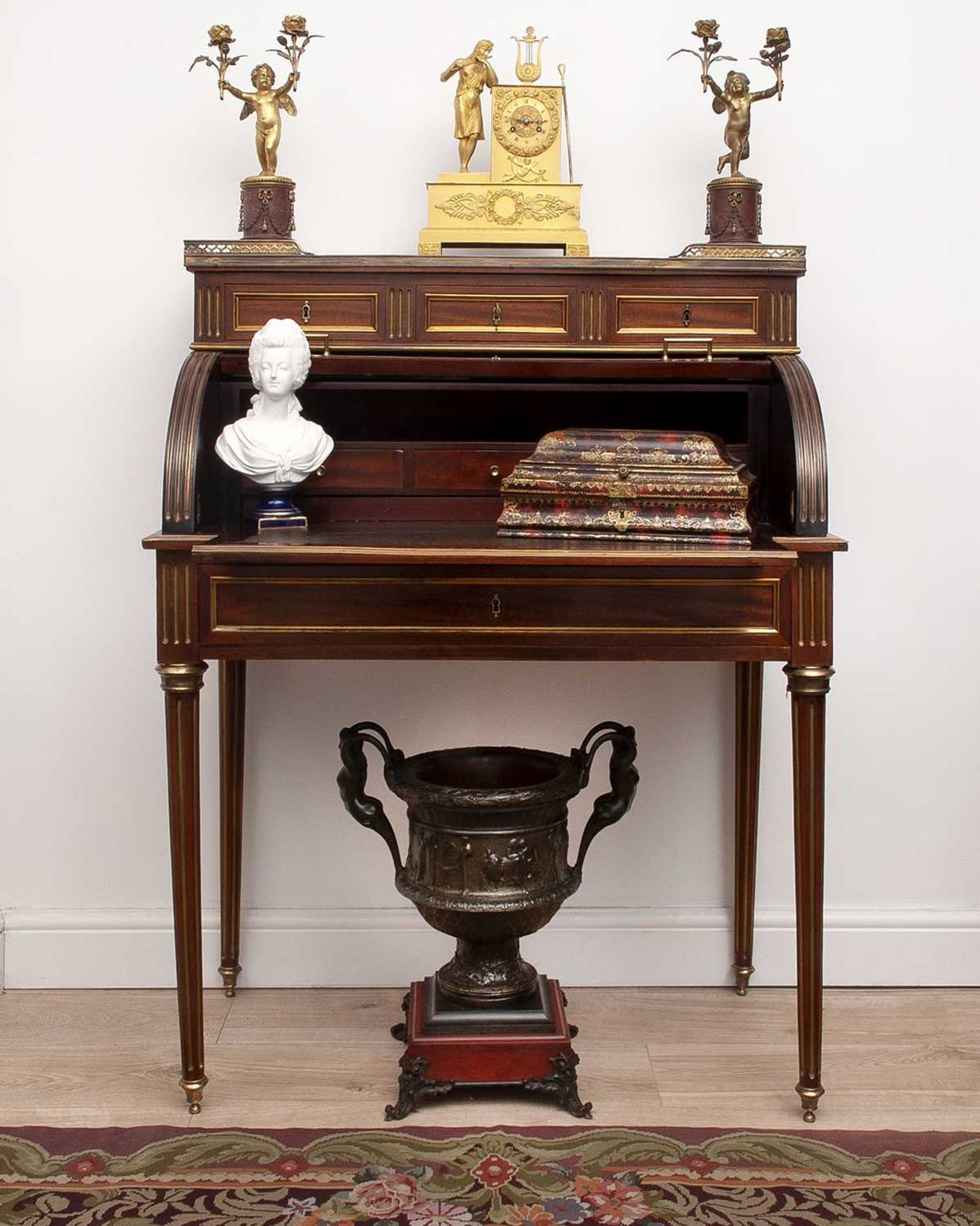 AN EARLY 20TH CENTURY FRENCH MAHOGANY AND VERNIS MARTIN CYLINDER BUREAU