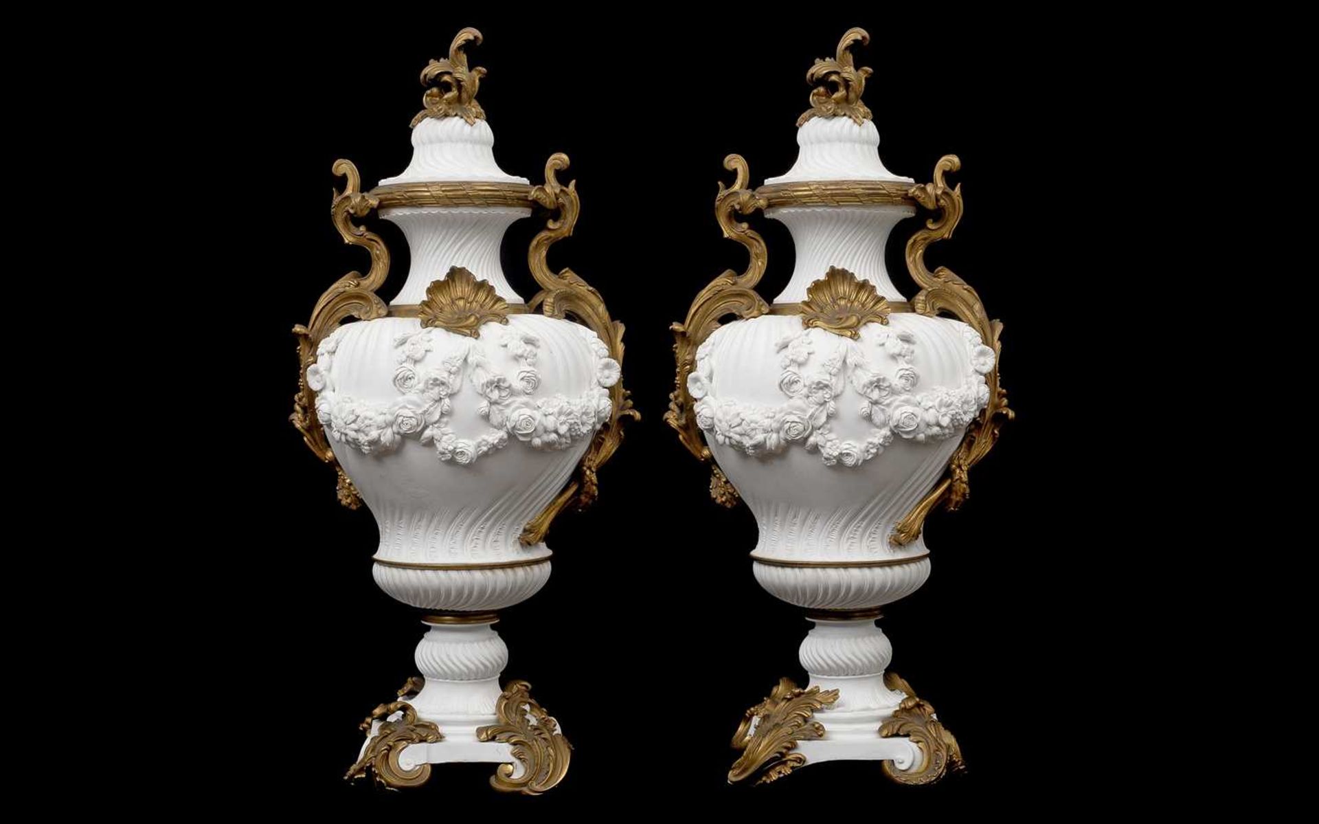 A VERY LARGE PAIR OF 19TH CENTURY LOUIS XV STYLE PORCELAIN AND ORMOLU VASES AND COVERS