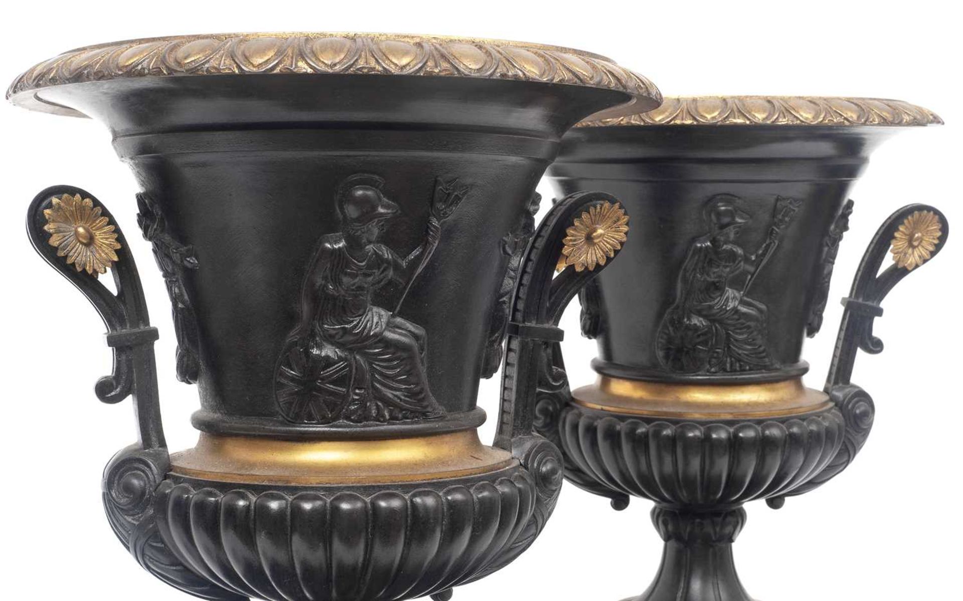 A PAIR OF 19TH CENTURY PARCEL GILT, BRONZE AND MARBLE CLASSICAL URNS - Image 2 of 2