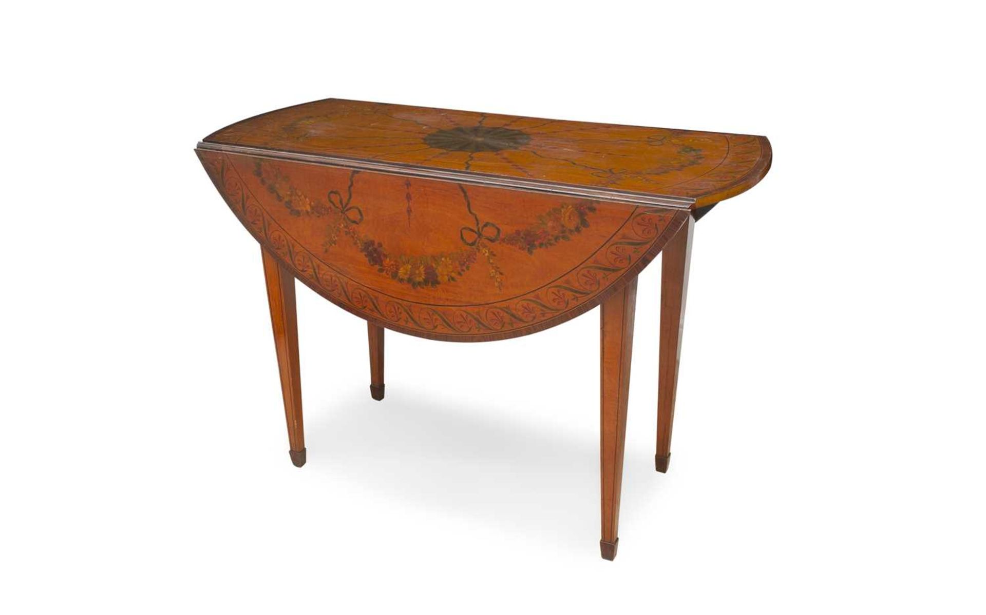 A 19TH CENTURY SHERATON STYLE PAINTED SATINWOOD DROP LEAF TABLE - Image 2 of 2
