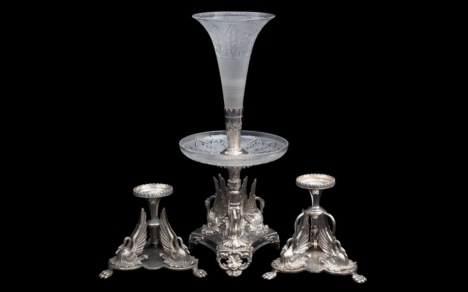 A LATE 19TH CENTURY SILVER PLATED AND CUT GLASS EPERGNE TOGETHER WITH TWO STANDS