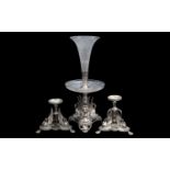 A LATE 19TH CENTURY SILVER PLATED AND CUT GLASS EPERGNE TOGETHER WITH TWO STANDS