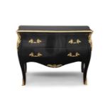 A LOUIS XV STYLE BLACK LACQUERED AND ORMOLU MOUNTED COMMODE