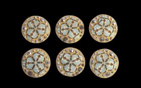 A SET OF SIX EARLY 20TH CENTURY GILT METAL, ENAMEL AND MARCASITE BUTTONS