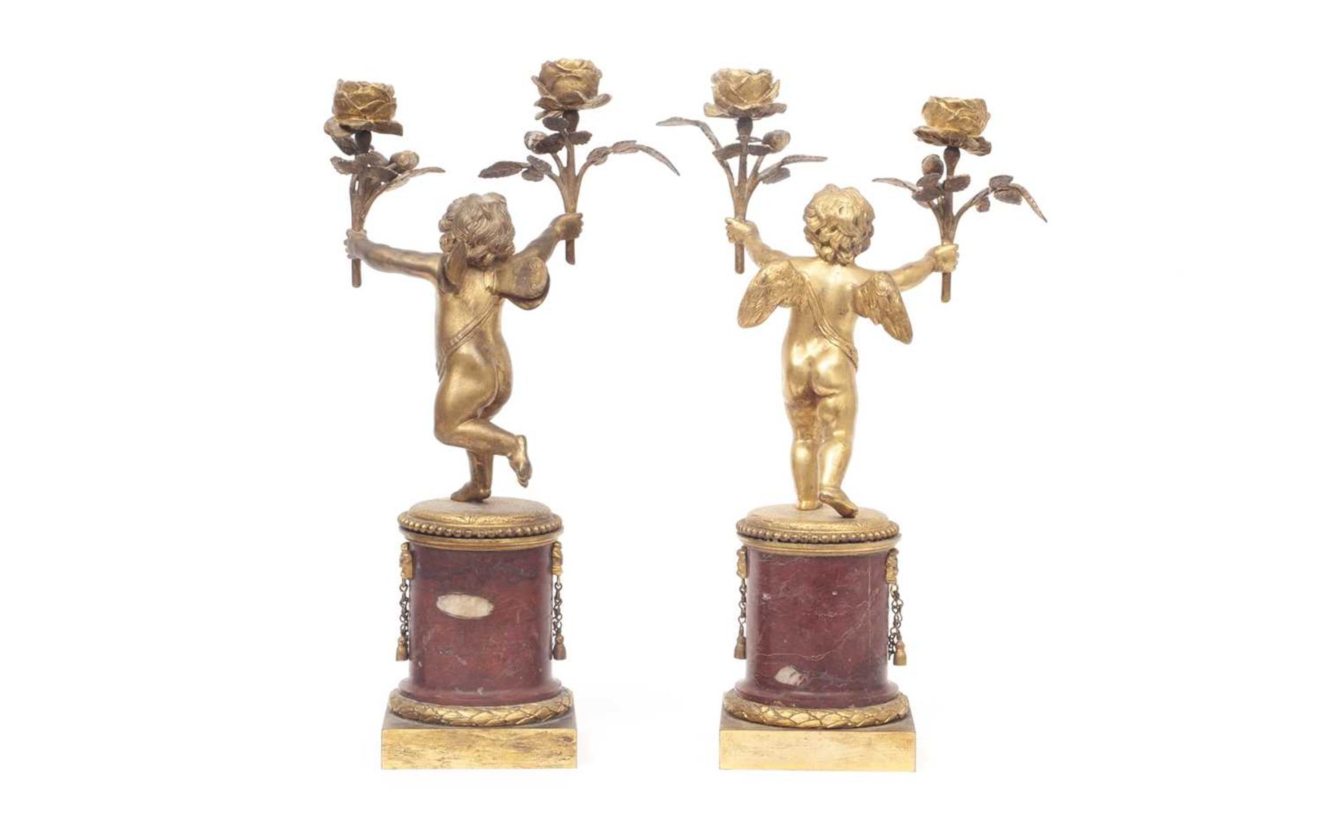 A PAIR OF 19TH CENTURY FRENCH GILT BRONZE AND MARBLE CHERUB CANDELABRA - Image 2 of 2