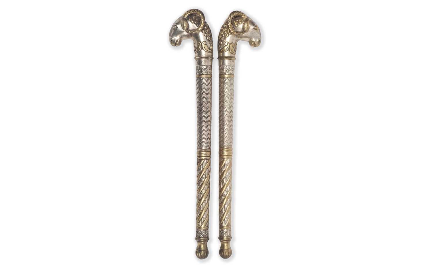 A PAIR OF EARLY 20TH CENTURY INDIAN CEREMONIAL MACES, DECCAN OR NORTHERN INDIA
