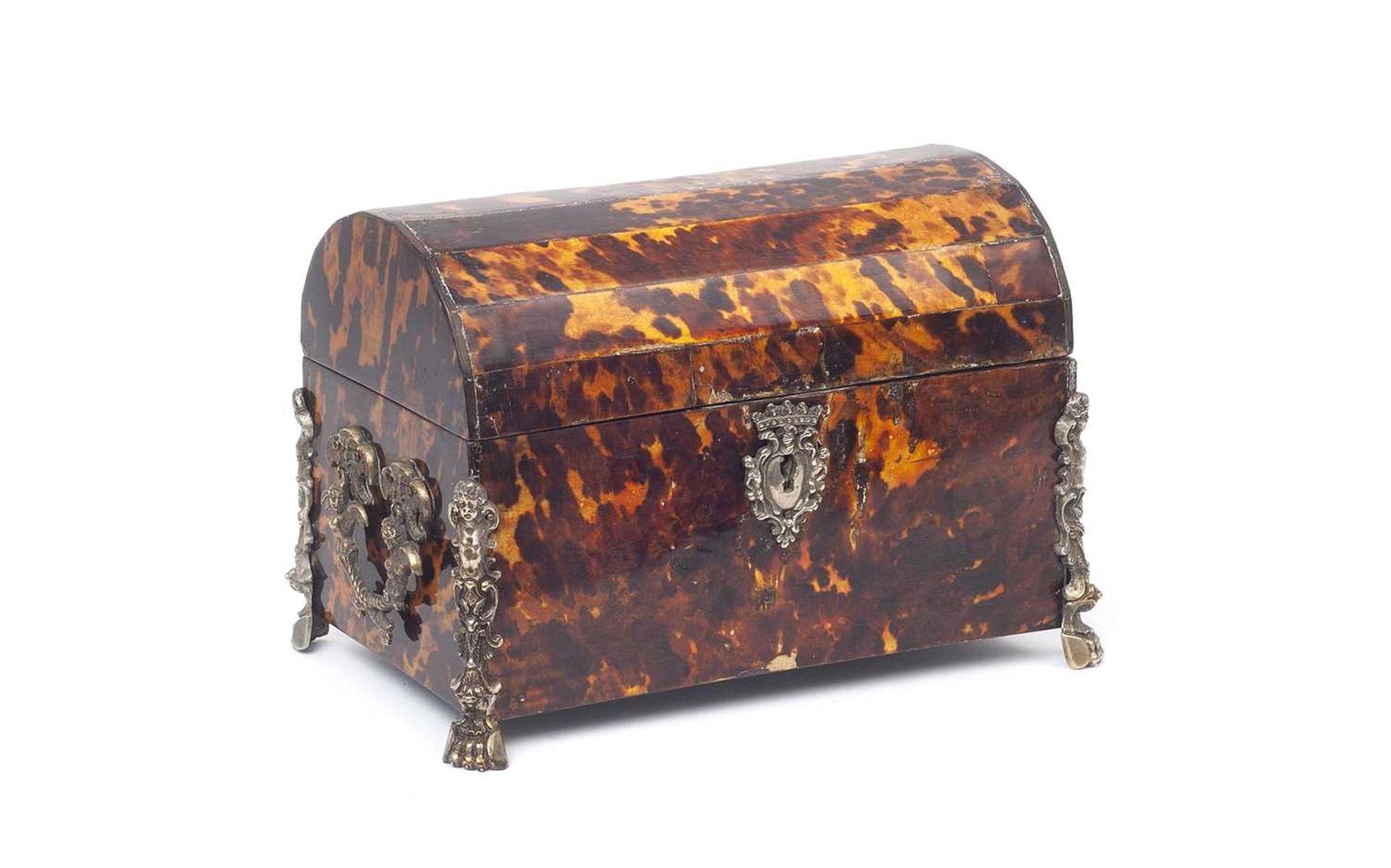 AN 18TH CENTURY DUTCH COLONIAL TORTOISESHELL AND SILVERED METAL MOUNTED CASKET