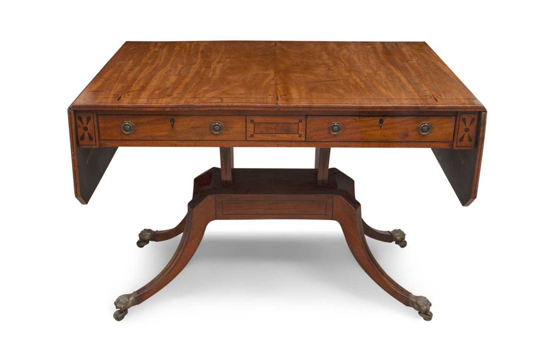 A REGENCY MAHOGANY AND EBONY LINE INLAID SOFA TABLE