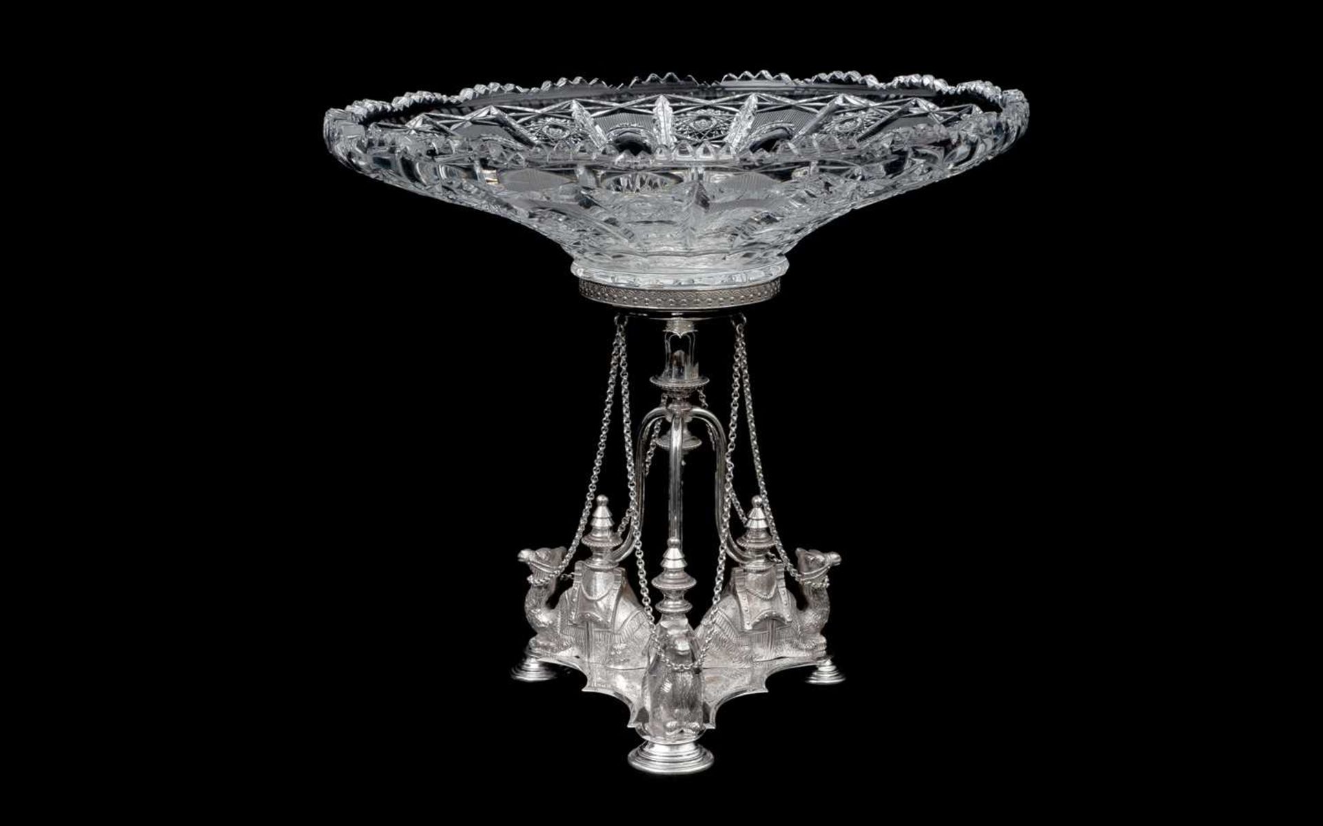 ATTRIBUTED TO ELKINGTON: A LATE 19TH CENTURY SILVER PLATED EGYPTIAN REVIVAL CENTREPIECE