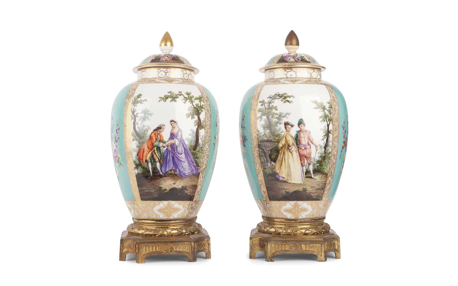 A PAIR OF 19TH CENTURY DRESDEN PORCELAIN VASES AND COVERS IN THE MANNER OF HELENA WOLFSOHN