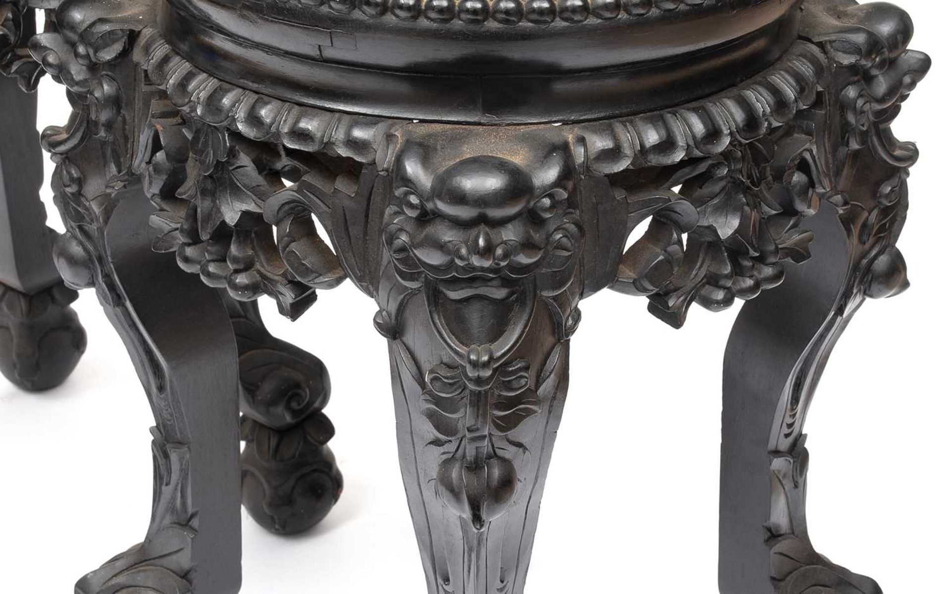 A PAIR OF 19TH CENTURY CHINESE CARVED HARDWOOD AND MARBLE MOUNTED TABLES - Image 2 of 2