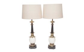 A PAIR OF MID CENTURY STIFFEL LAMPS DECORATED WITH FAUX OSTRICH EGGS