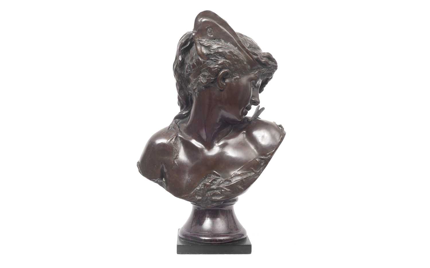 HELENE BERTAUX (FRENCH, 1825-1909): A BRONZE BUST OF A GIRL WITH DRAGON FLY