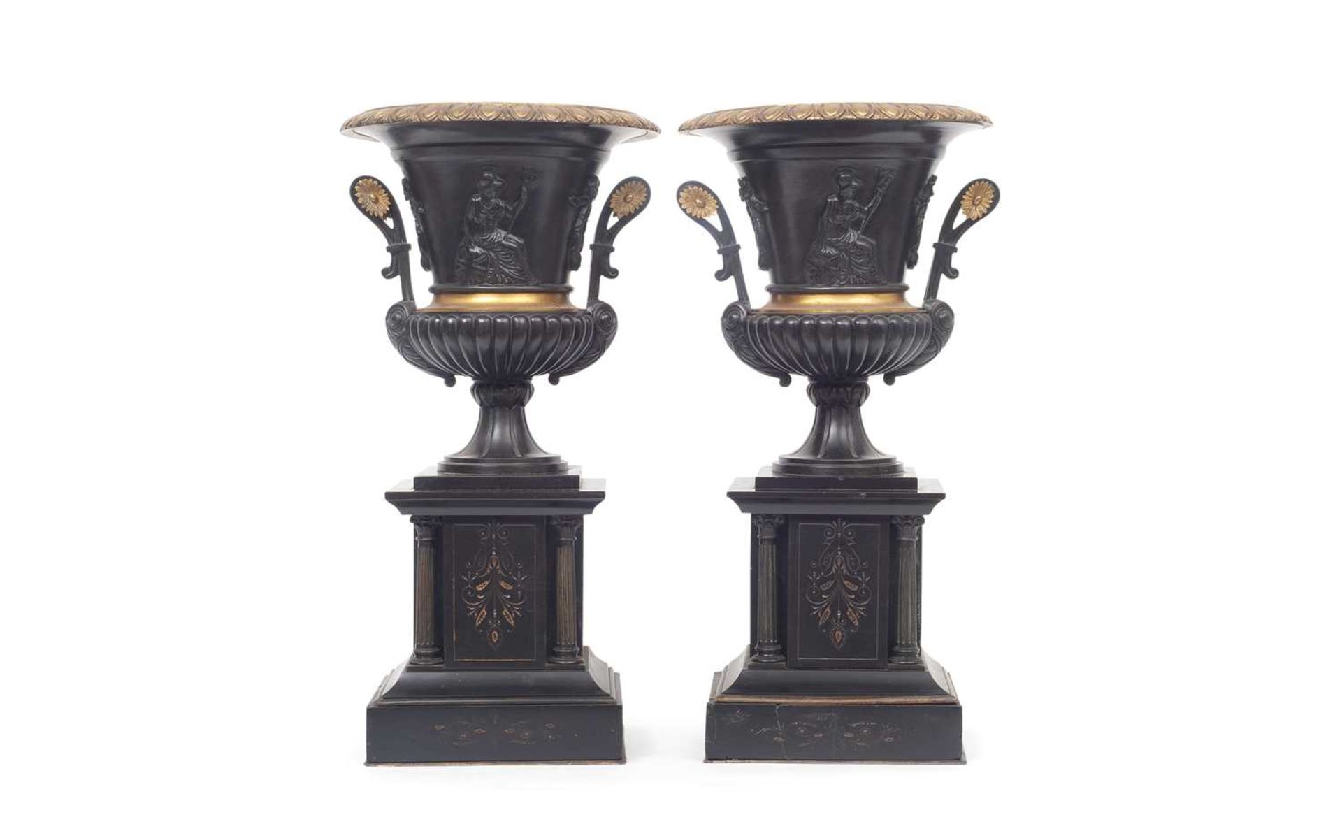 A PAIR OF 19TH CENTURY PARCEL GILT, BRONZE AND MARBLE CLASSICAL URNS