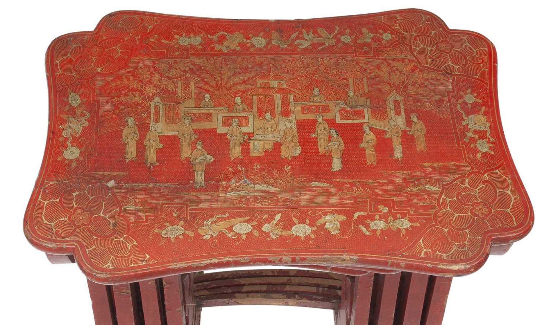 A 19TH CENTURY CHINESE RED LACQUERED AND GILT DECORATED NEST OF TABLES - Image 2 of 2