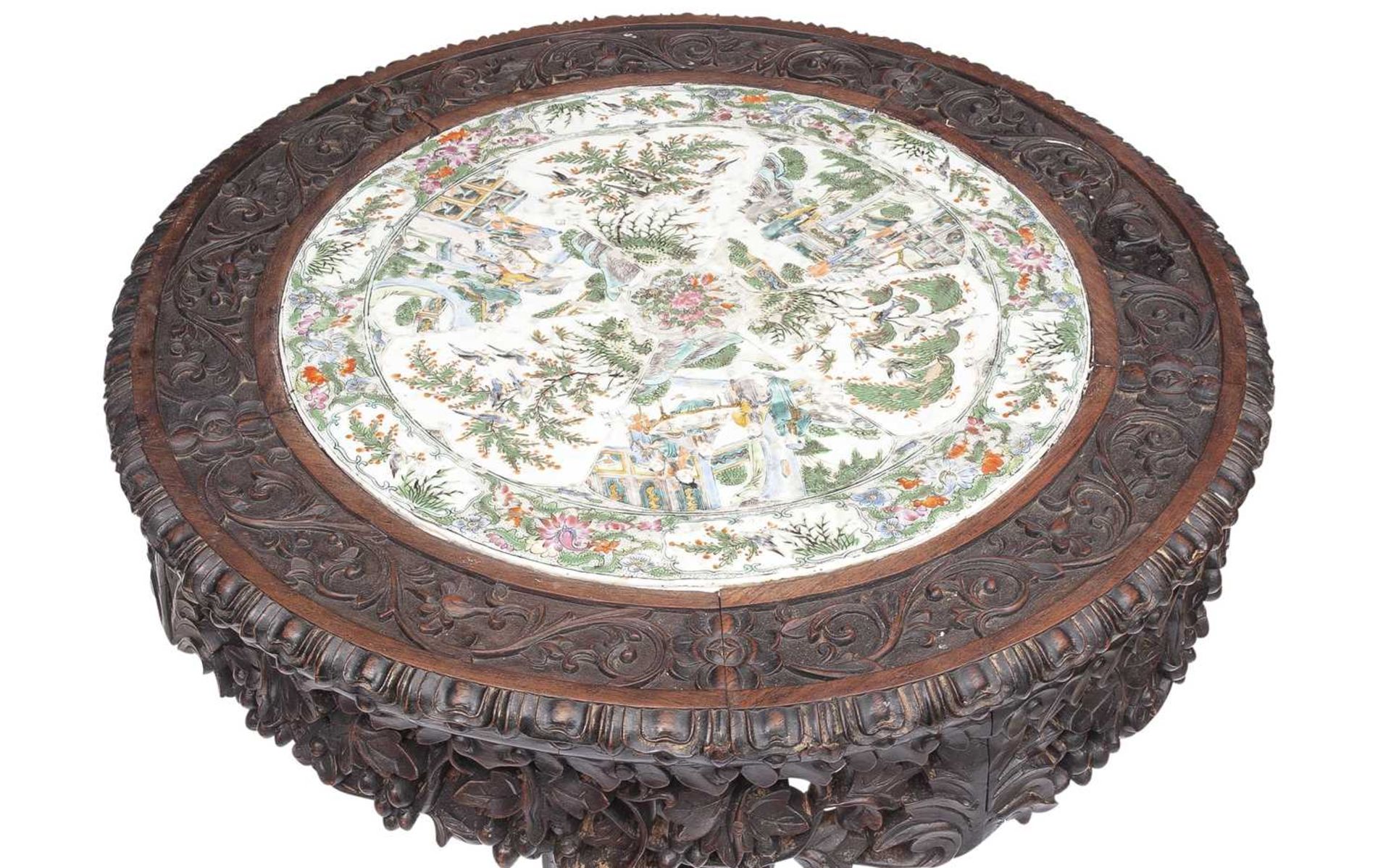 A 19TH CENTURY CHINESE CANTON HARDWOOD AND PORCELAIN MOUNTED TABLE - Image 2 of 3