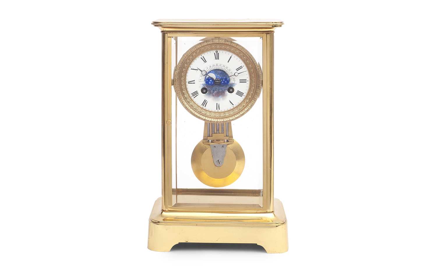 A FRENCH FOUR GLASS MANTEL CLOCK WITH MOONPHASE
