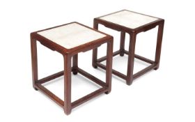 A PAIR OF LATE 19TH / EARLY 20TH CENTURY CHINESE HARDWOOD AND MARBLE TABLES
