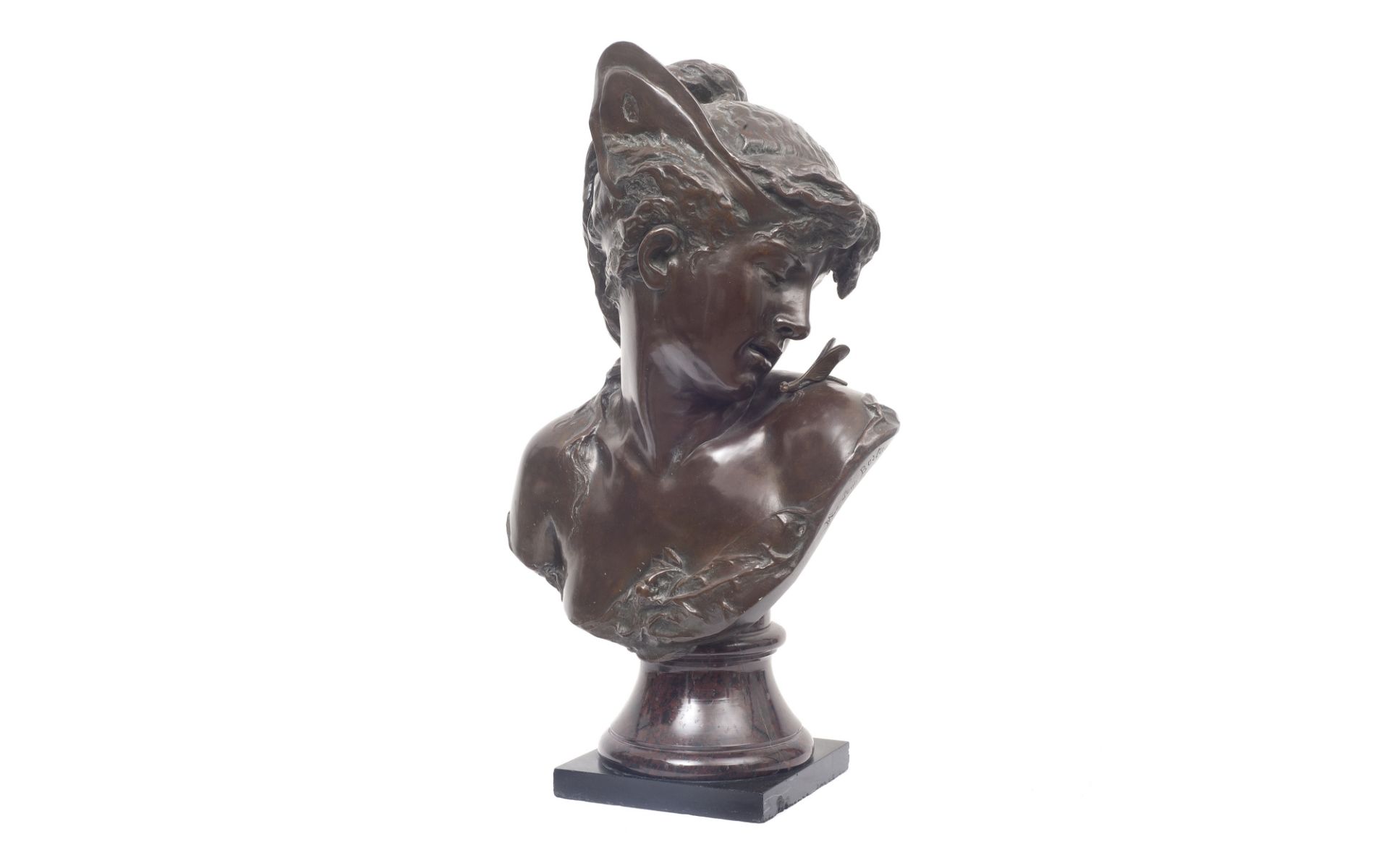 HELENE BERTAUX (FRENCH, 1825-1909): A BRONZE BUST OF A GIRL WITH DRAGON FLY - Image 2 of 6