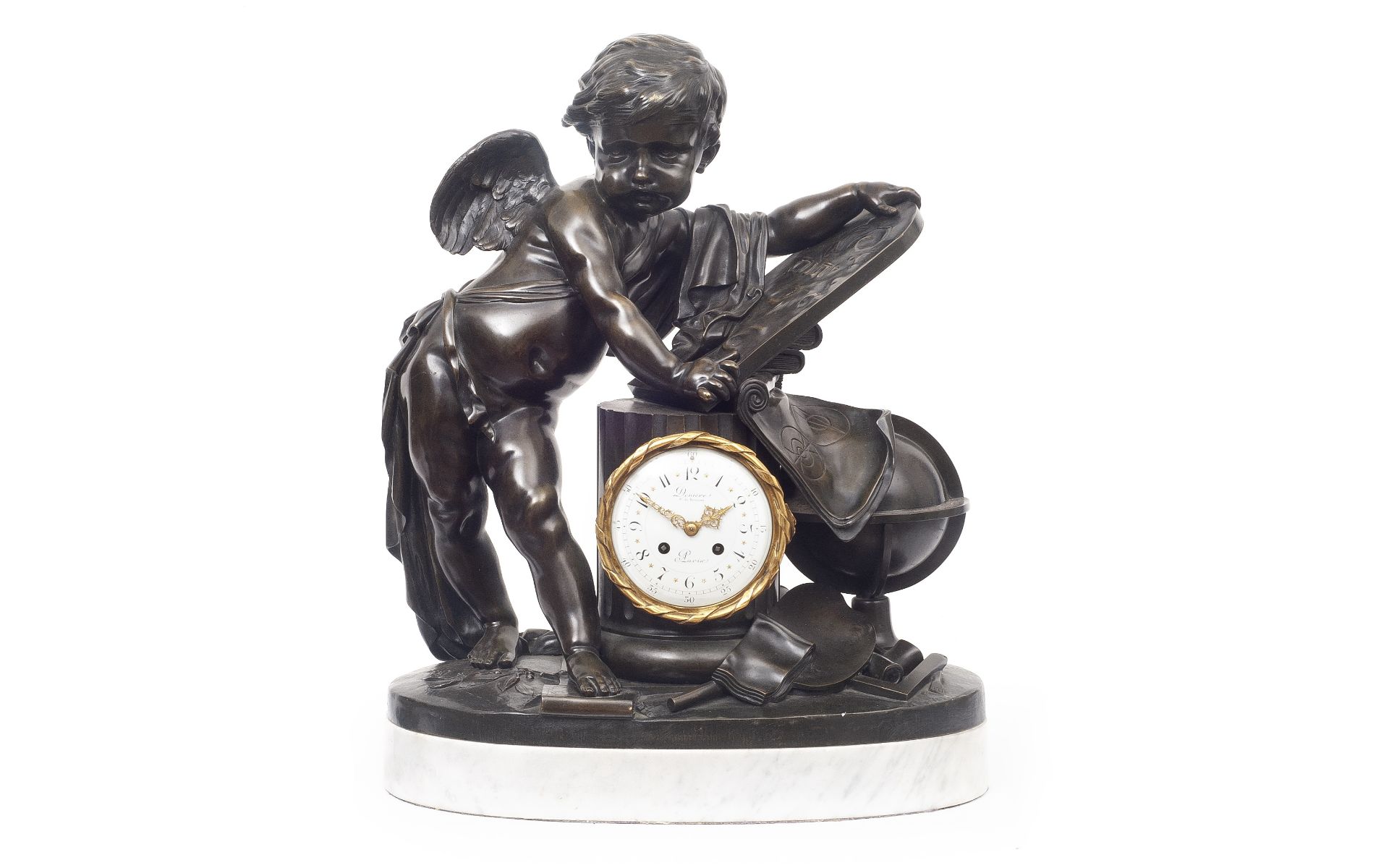 A FINE AND LARGE 19TH CENTURY BRONZE FIGURAL CLOCK SIGNED DENIERE, PARIS, CIRCA 1870