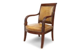 A 19TH CENTURY FRENCH CHARLES X PERIOD MAHOGANY FAUTEUIL DE BUREAU CIRCA 1825