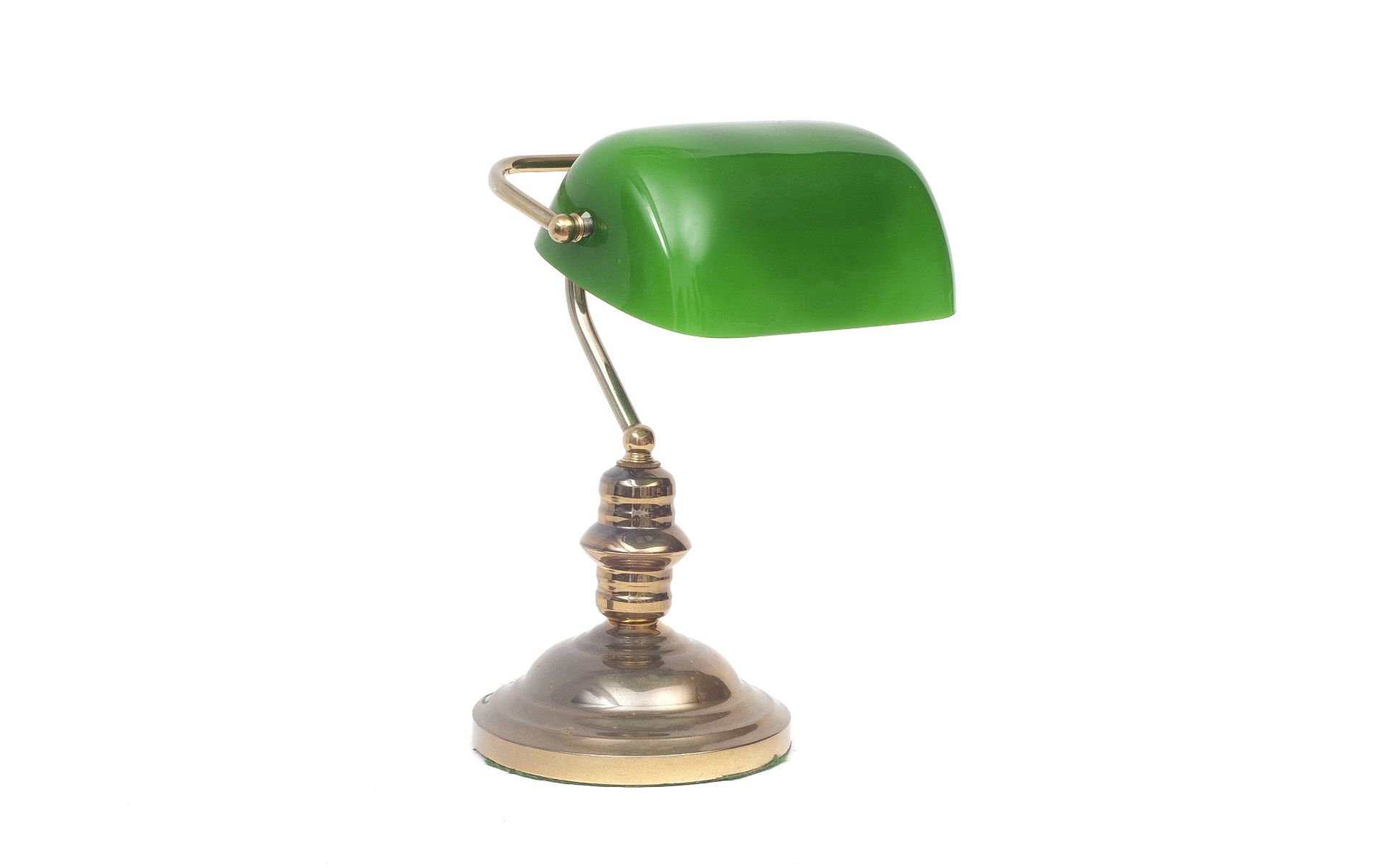 AN ART DECO STYLE BRASS AND GREEN GLASS DESK LAMP