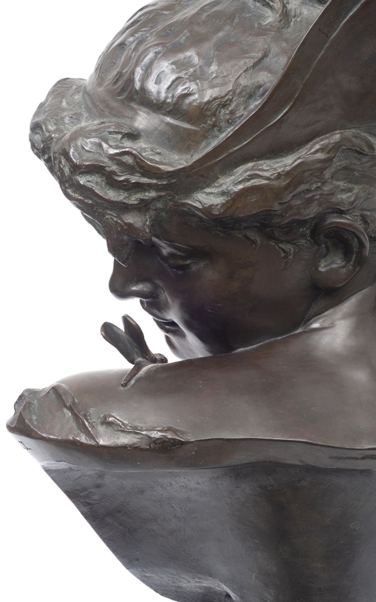 HELENE BERTAUX (FRENCH, 1825-1909): A BRONZE BUST OF A GIRL WITH DRAGON FLY - Image 4 of 6