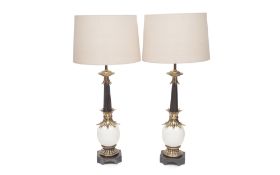 A PAIR OF MID CENTURY STIFFEL LAMPS DECORATED WITH FAUX OSTRICH EGGS