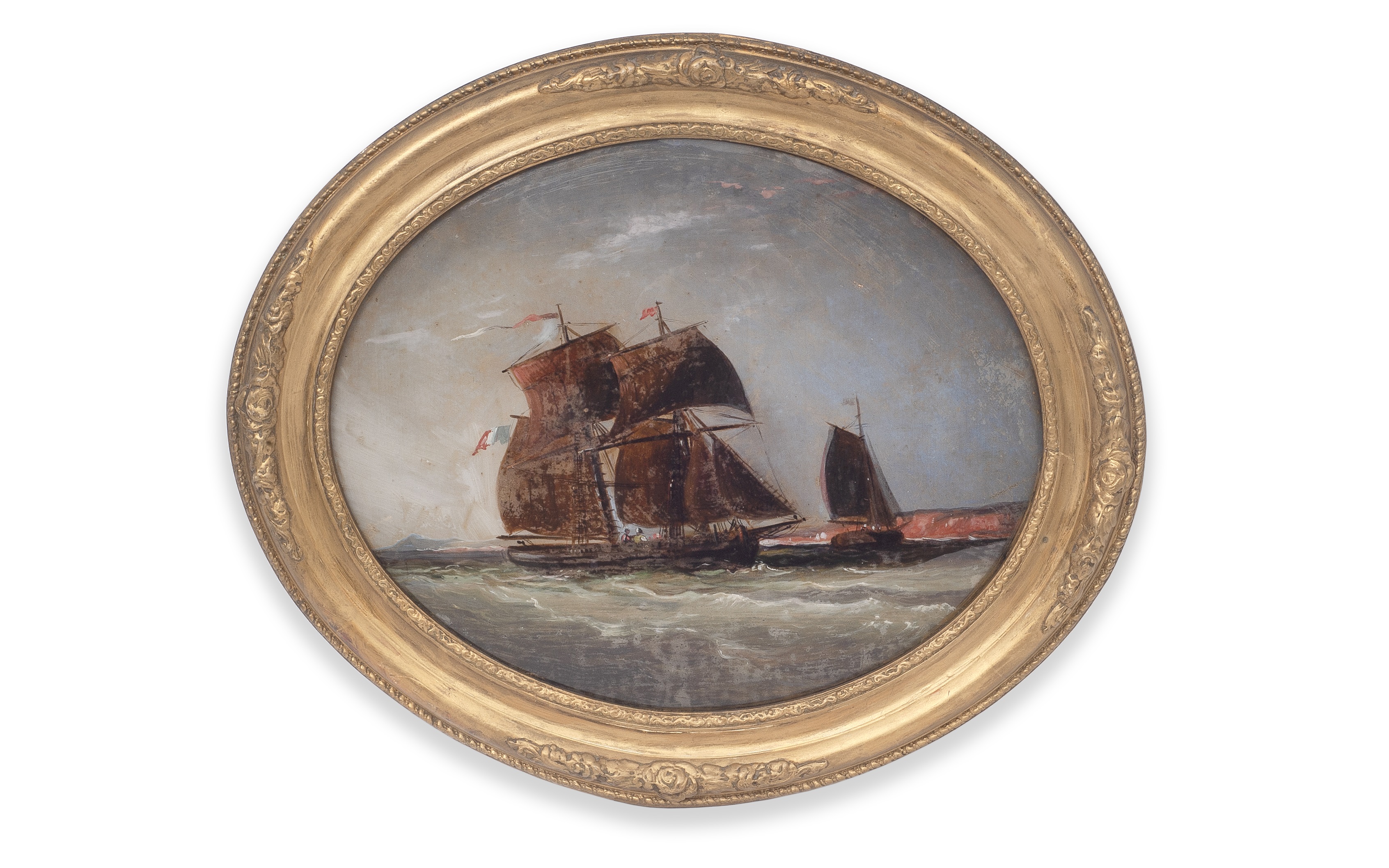 A LATE 19TH CENTURY REVERSE GLASS PAINTING OF A NAPOLEONIC SHIP