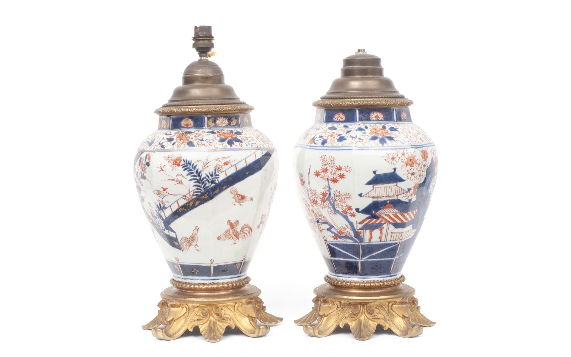 A PAIR OF JAPANESE 17TH CENTURY EDO PERIOD ARITA PORCELAIN AND ORMOLU VASE LAMPS