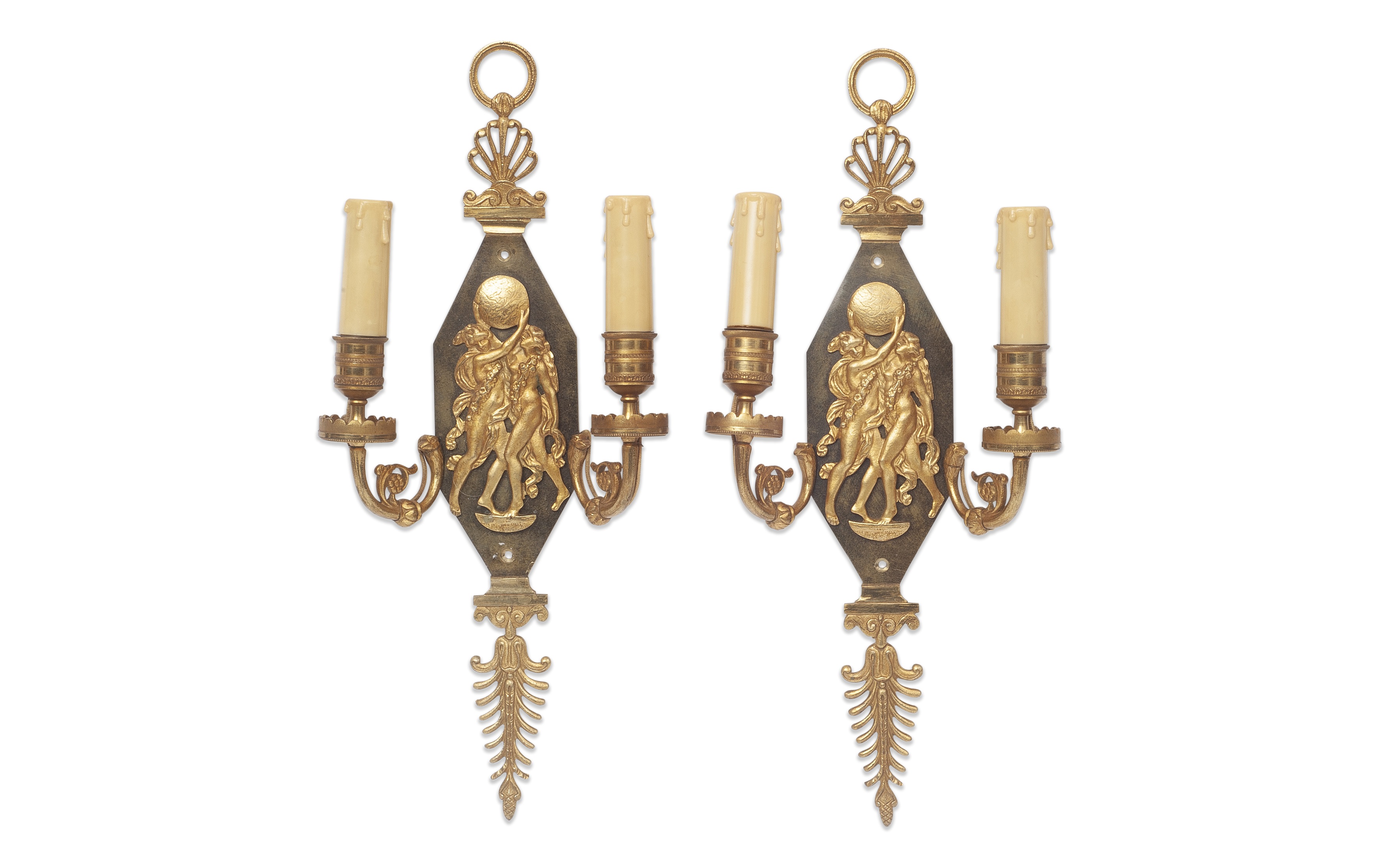 A PAIR OF 19TH CENTURY FRENCH EMPIRE STYLE GILT BRONZE WALL LIGHTS